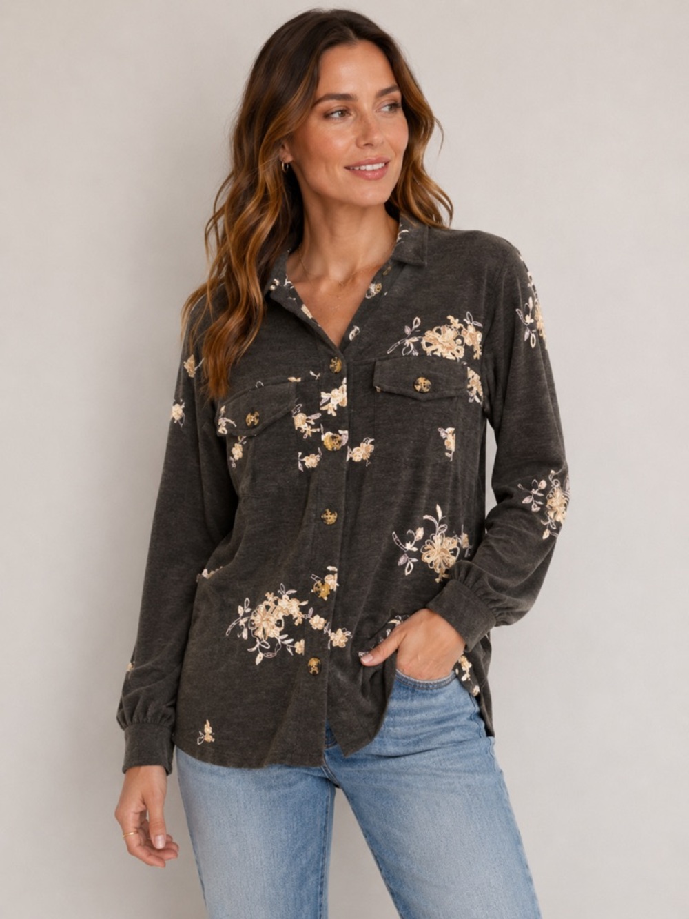 Figueroa & Flower Embroidered Floral Button Front Blouse
|L|
